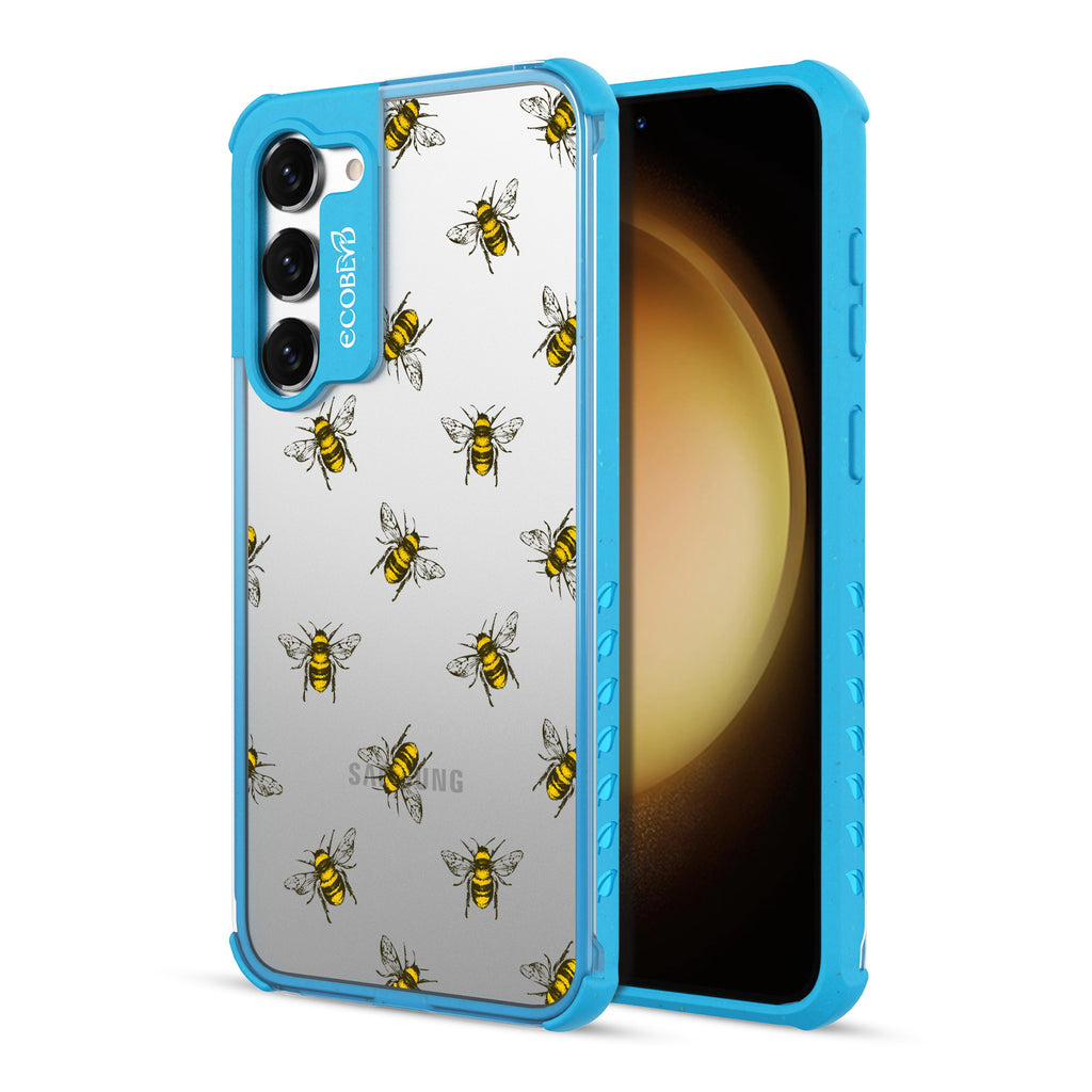 Bees - Back View Of Blue & Clear Eco-Friendly Galaxy S23 Case & A Front View Of The Screen