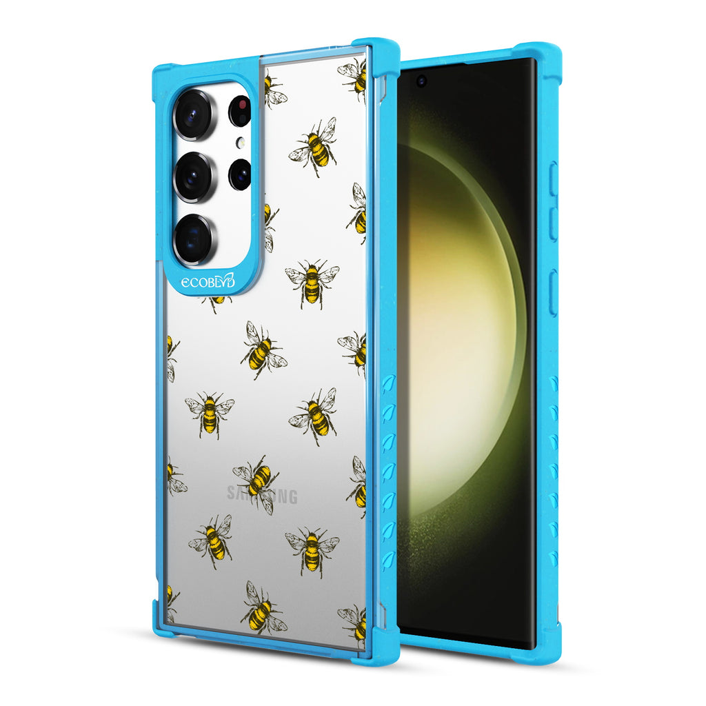Bees - Back View Of Blue & Clear Eco-Friendly Galaxy S23 Ultra Case & A Front View Of The Screen
