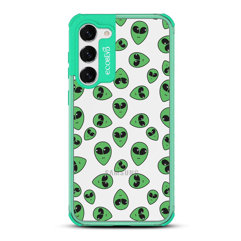 Aliens - Green Eco-Friendly Galaxy S23 Case with Green Alien Heads On A Clear Back