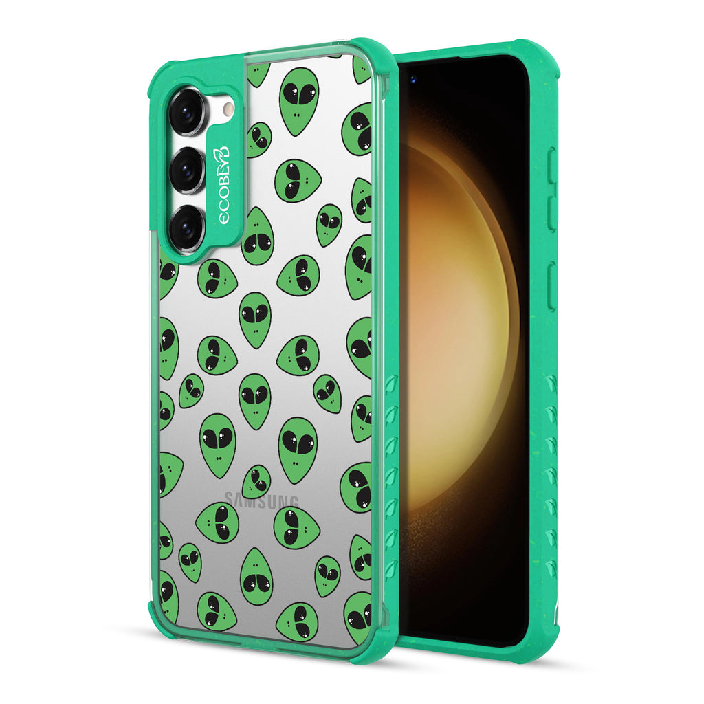 Aliens - Back View Of Green & Clear Eco-Friendly Galaxy S23 Plus Case & A Front View Of The Screen