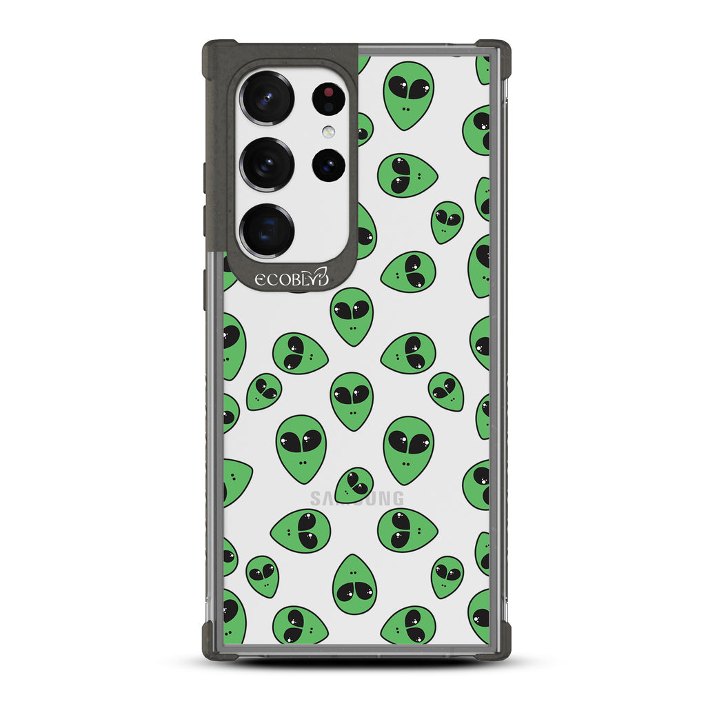Aliens - Black Eco-Friendly Galaxy S23 Ultra Case with Green Alien Heads On A Clear Back
