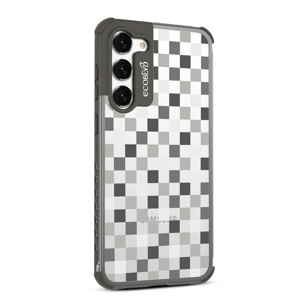 Checkered Print - Left-side View Of Black & Clear Eco-Friendly Galaxy S23 Plus Case