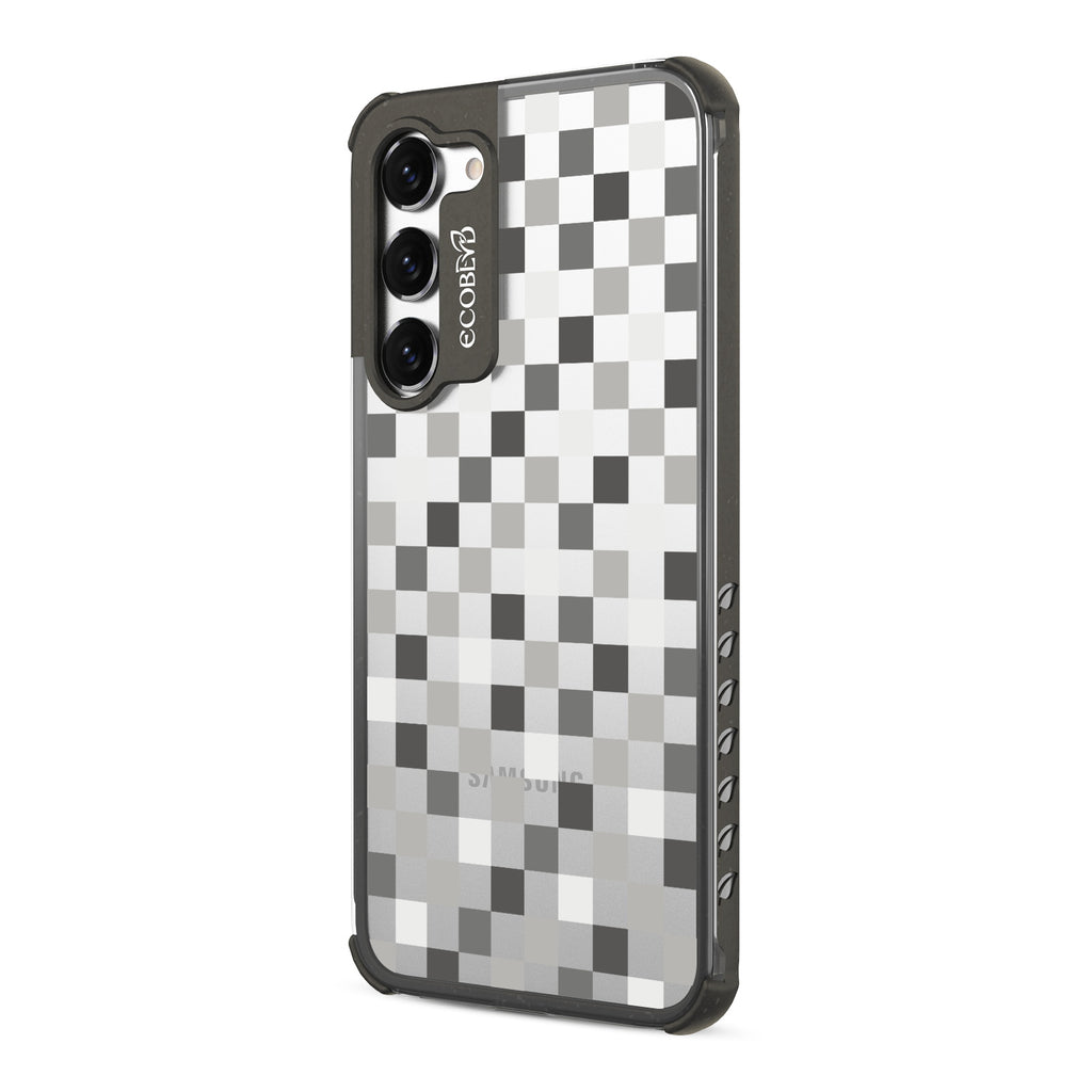 Checkered Print - Right-side View Of Black & Clear Eco-Friendly Galaxy S23 Plus Case