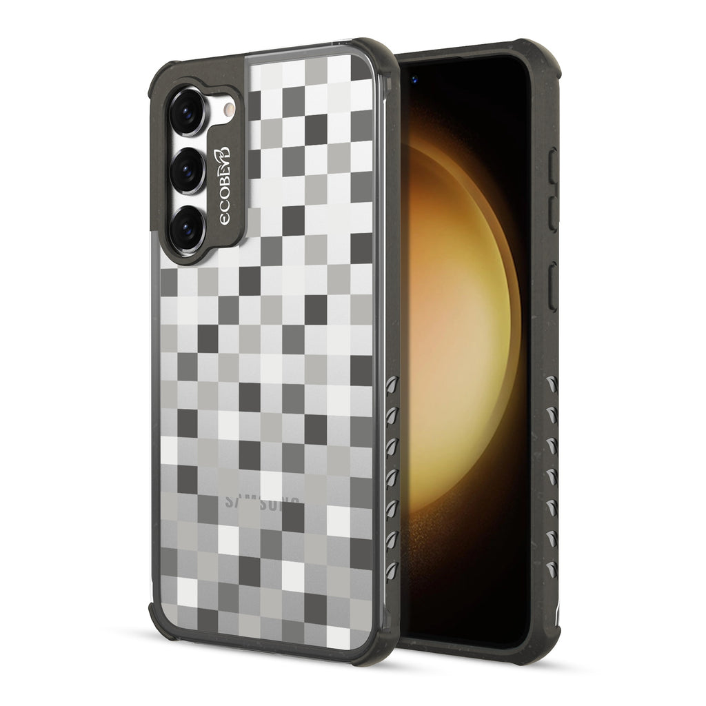 Checkered Print - Back View Of Black & Clear Eco-Friendly Galaxy S23 Plus Case & A Front View Of The Screen