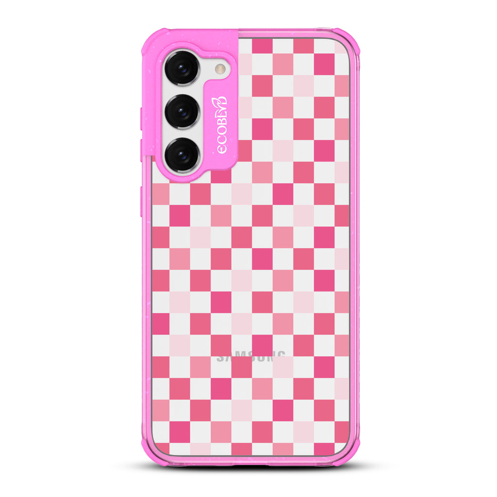 Checkered Print - Pink Eco-Friendly Galaxy S23 Case with Pink Checkered Print and On A Clear Back