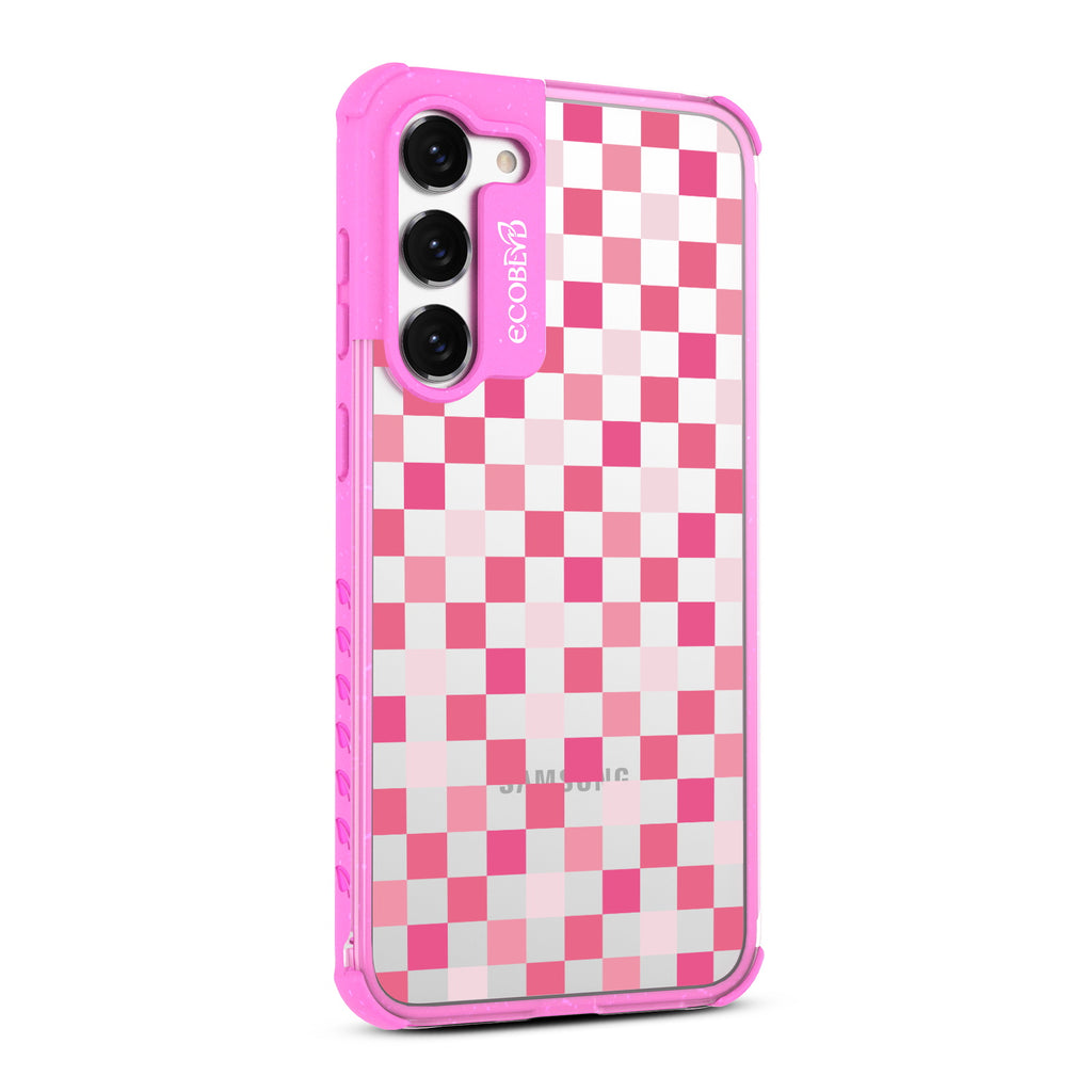 Checkered Print - Left-side View Of Pink & Clear Eco-Friendly Galaxy S23 Plus Case