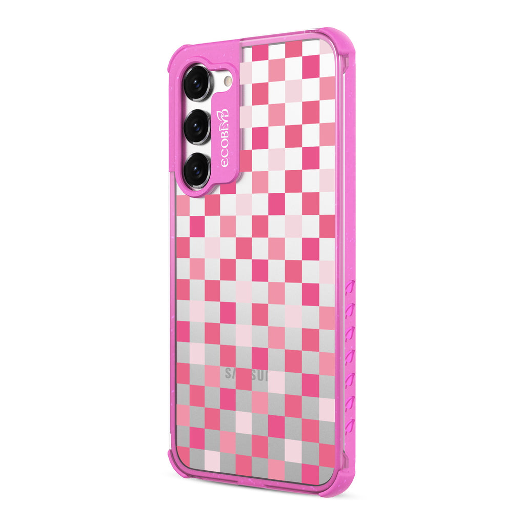 Checkered Print - Right-side View Of Pink & Clear Eco-Friendly Galaxy S23 Plus Case