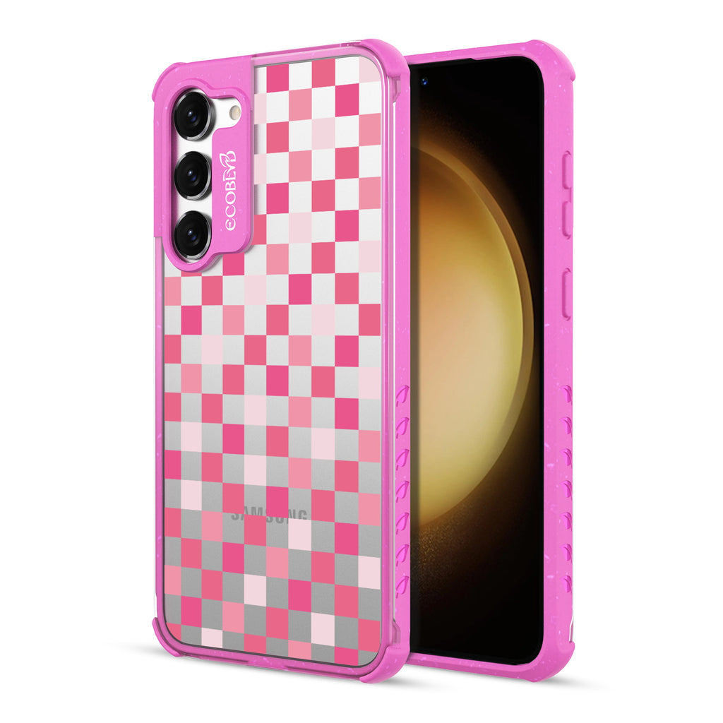 Checkered Print - Back View Of Pink & Clear Eco-Friendly Galaxy S23 Plus Case & A Front View Of The Screen