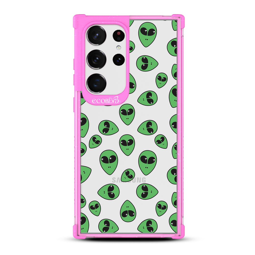 Aliens - Pink Eco-Friendly Galaxy S23 Ultra Case with Green Alien Heads On A Clear Back