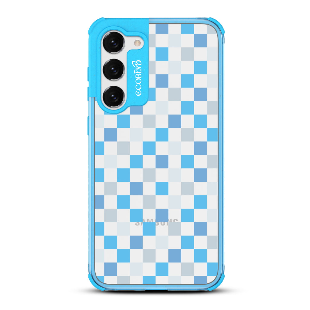 Checkered Print - Blue Eco-Friendly Galaxy S23 Case with Blue Checkered Print and On A Clear Back