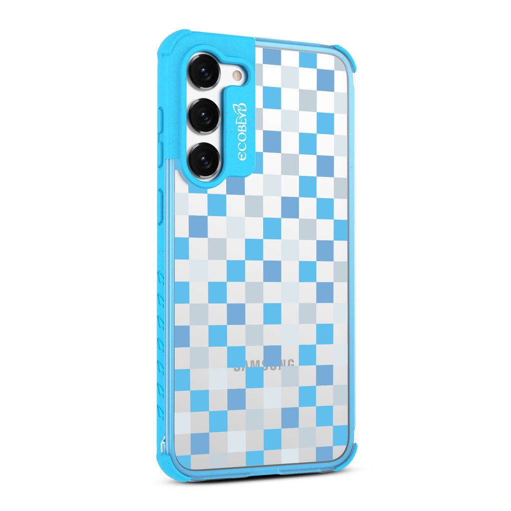 Checkered Print - Left-side View Of Blue & Clear Eco-Friendly Galaxy S23 Case