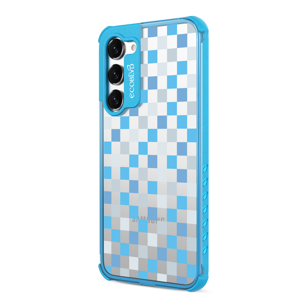 Checkered Print - Right-side View Of Blue & Clear Eco-Friendly Galaxy S23 Case
