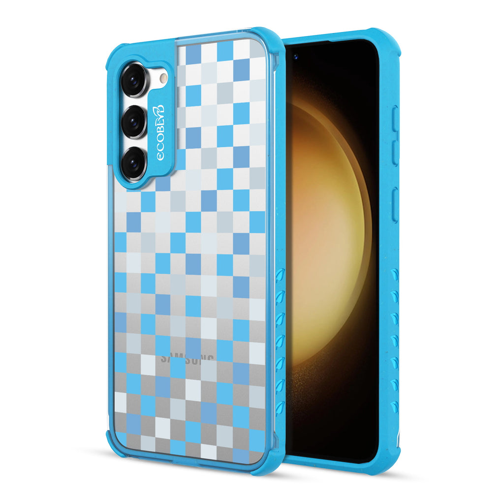 Checkered Print - Back View Of Blue & Clear Eco-Friendly Galaxy S23 Case & A Front View Of The Screen