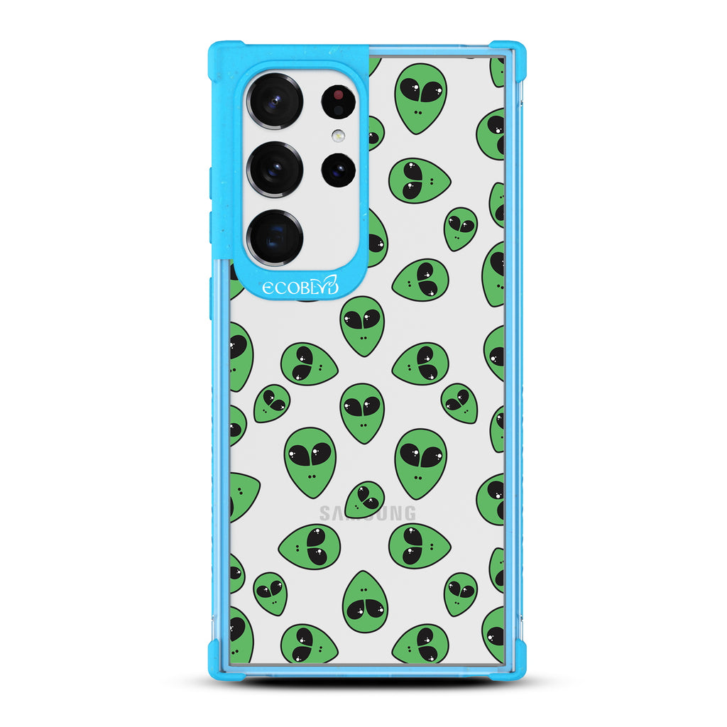 Aliens - Blue Eco-Friendly Galaxy S23 Ultra Case with Green Alien Heads On A Clear Back