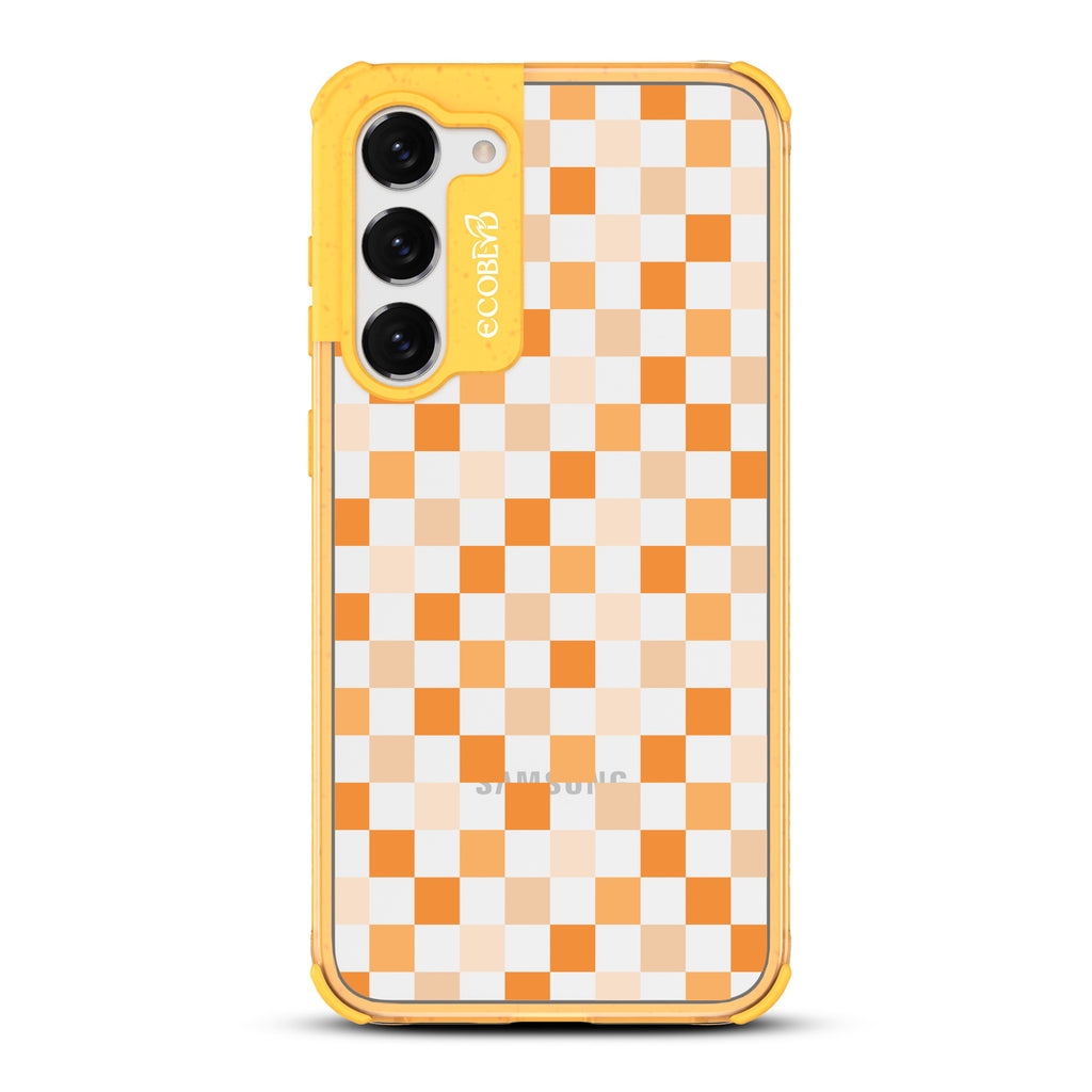 Checkered Print - Yellow Eco-Friendly Galaxy S23 Plus Case with Yellow Checkered Print and On A Clear Back