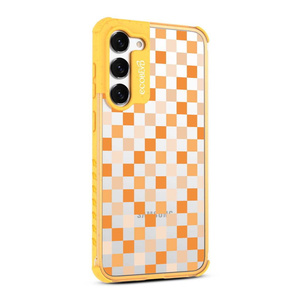 Checkered Print - Left-side View Of Yellow & Clear Eco-Friendly Galaxy S23 Plus Case