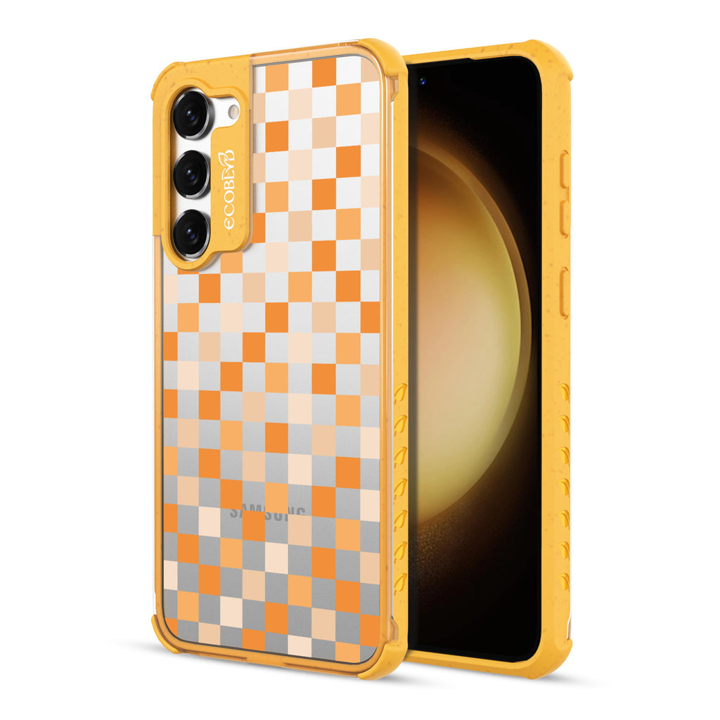 Checkered Print - Back View Of Yellow & Clear Eco-Friendly Galaxy S23 Case & A Front View Of The Screen