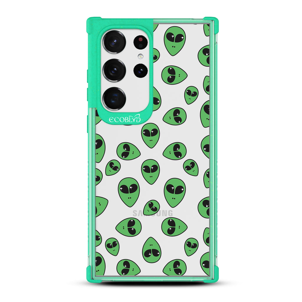 Aliens - Green Eco-Friendly Galaxy S23 Ultra Case with Green Alien Heads On A Clear Back