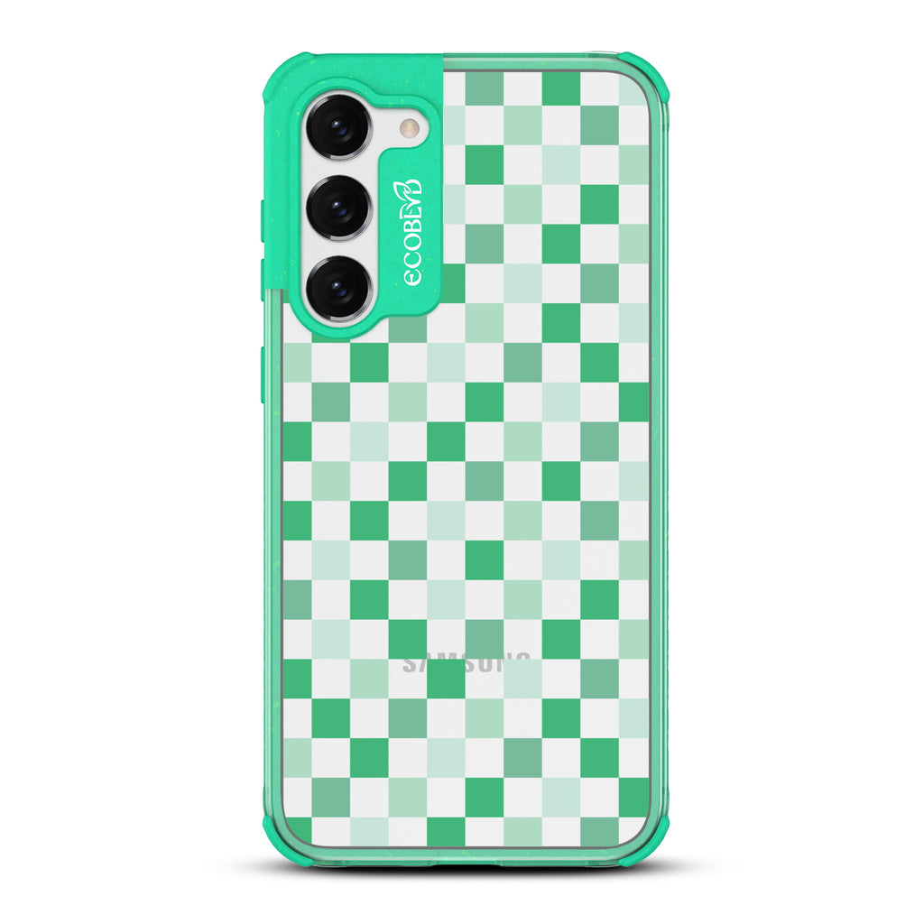 Checkered Print - Green Eco-Friendly Galaxy S23 Case with Green Checkered Print and On A Clear Back