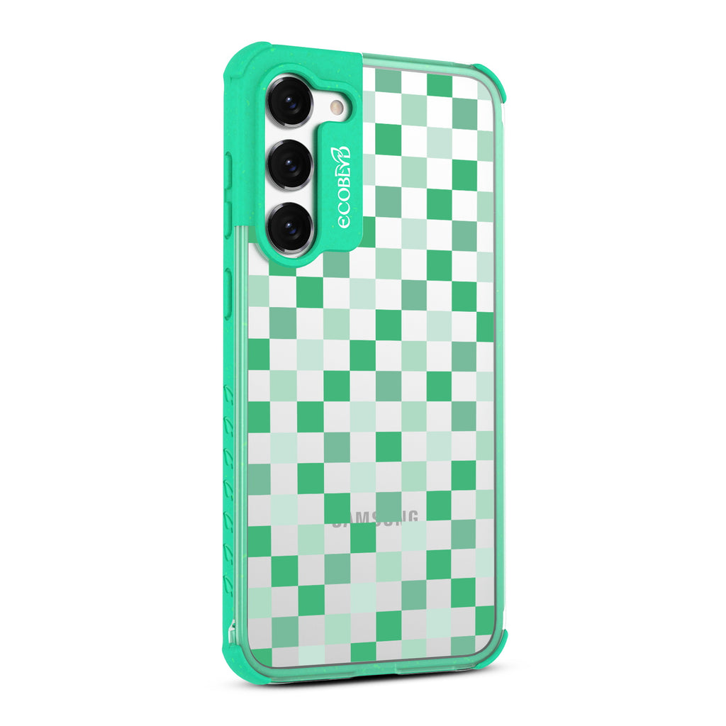 Checkered Print - Left-side View Of Green & Clear Eco-Friendly Galaxy S23 Case