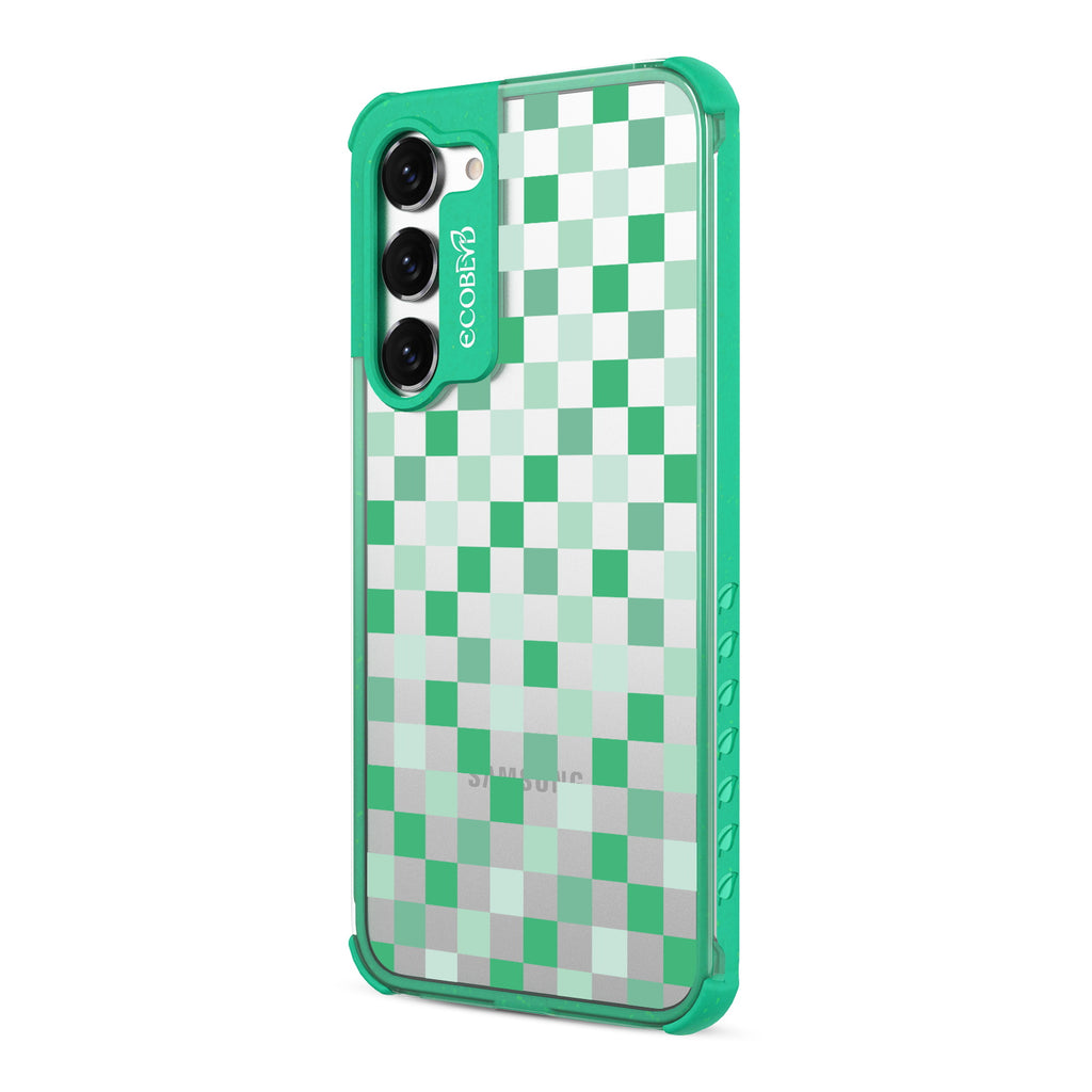 Checkered Print - Right-side View Of Green & Clear Eco-Friendly Galaxy S23 Plus Case