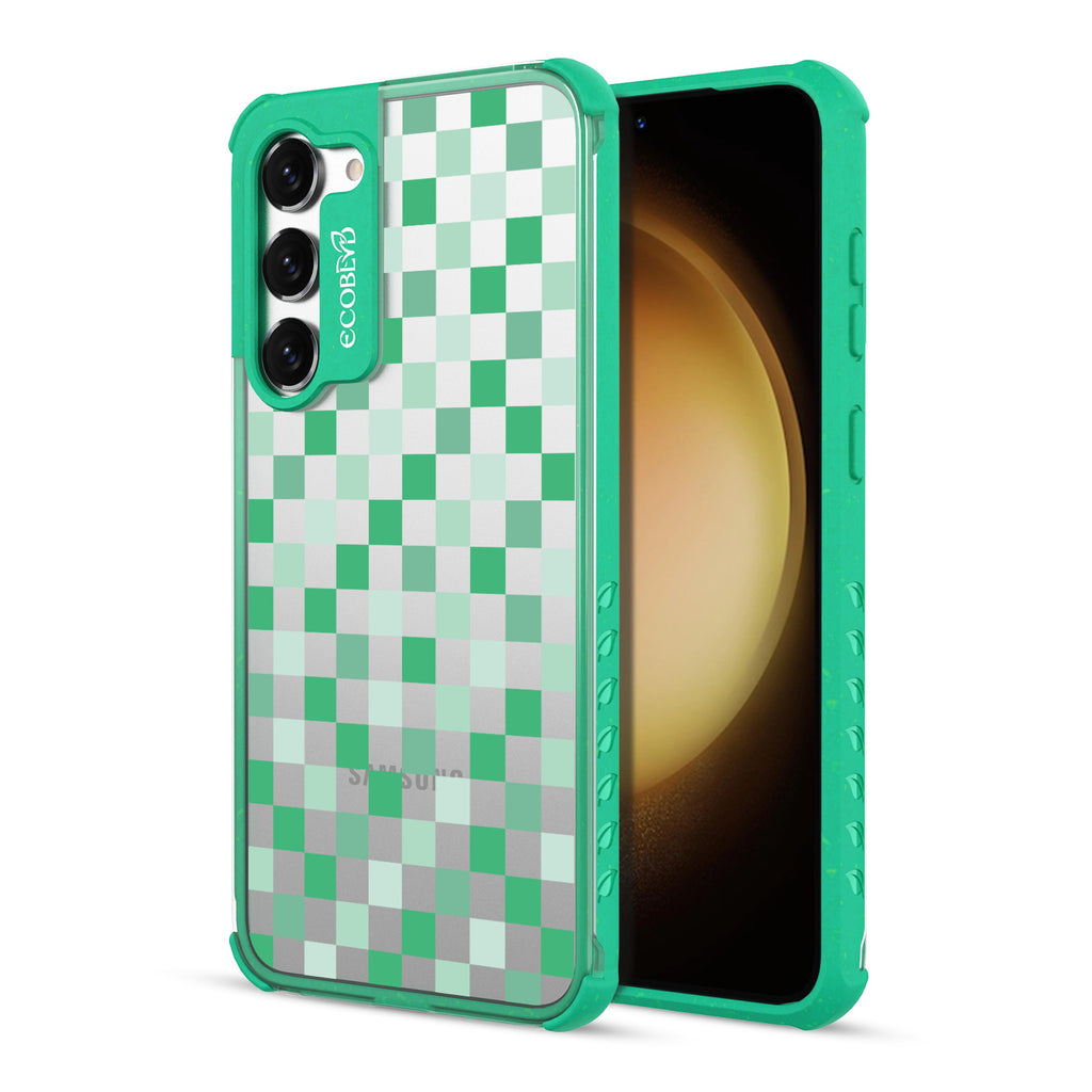 Checkered Print - Back View Of Green & Clear Eco-Friendly Galaxy S23 Case & A Front View Of The Screen