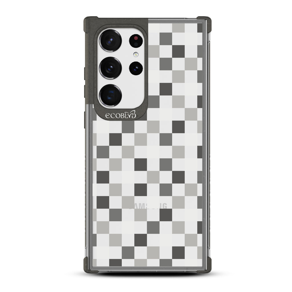 Checkered Print - Black Eco-Friendly Galaxy S23 Ultra Case with Black Checkered Print and On A Clear Back