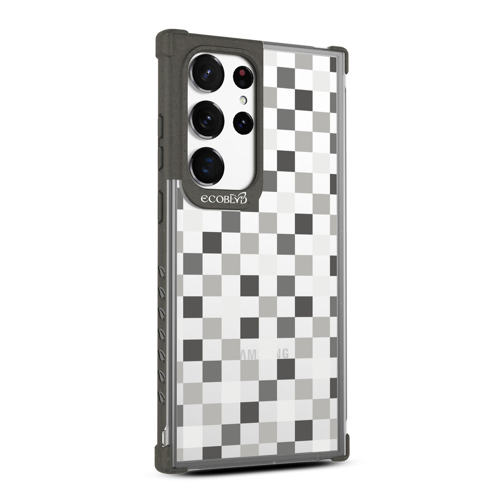 Checkered Print - Left-side View Of Black & Clear Eco-Friendly Galaxy S23 Ultra Case