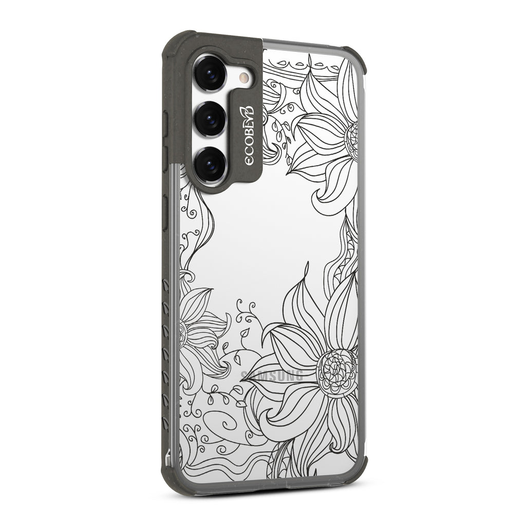 Flower Stencil - Left-side View Of Black & Clear Eco-Friendly Galaxy S23 Case