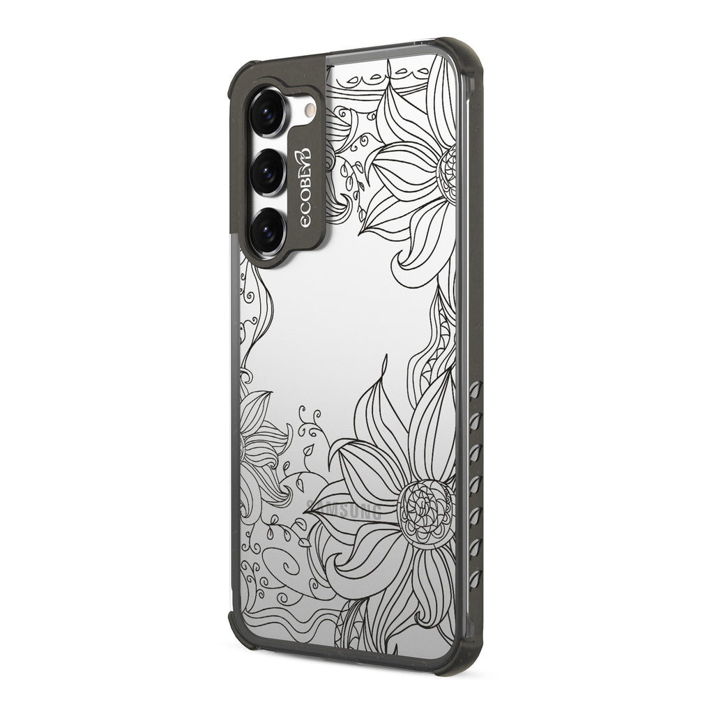 Flower Stencil - Right-side View Of Black & Clear Eco-Friendly Galaxy S23 Case