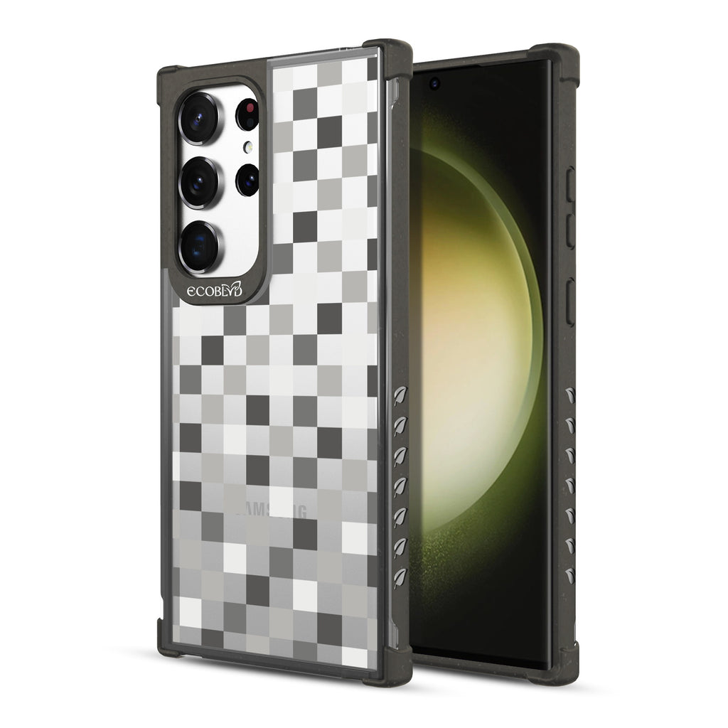 Checkered Print - Back View Of Black & Clear Eco-Friendly Galaxy S23 Ultra Case & A Front View Of The Screen