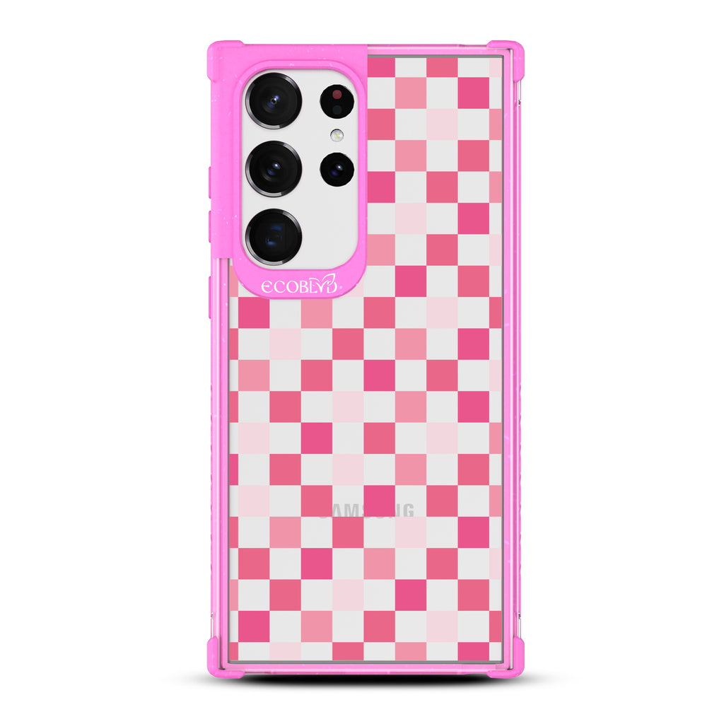 Checkered Print - Pink Eco-Friendly Galaxy S23 Ultra Case with Pink Checkered Print and On A Clear Back