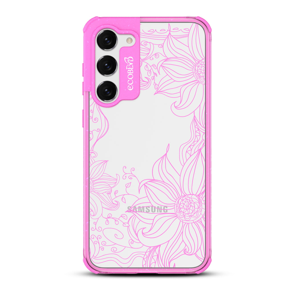 Flower Stencil - Pink Eco-Friendly Galaxy S23 Case With Sunflower Stencil Line Art On A Clear Back