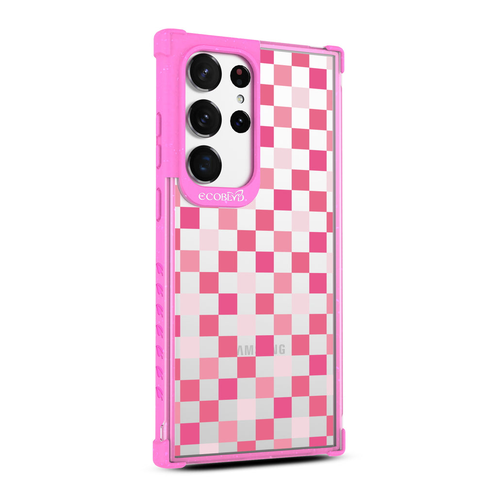 Checkered Print - Left-side View Of Pink & Clear Eco-Friendly Galaxy S23 Ultra Case