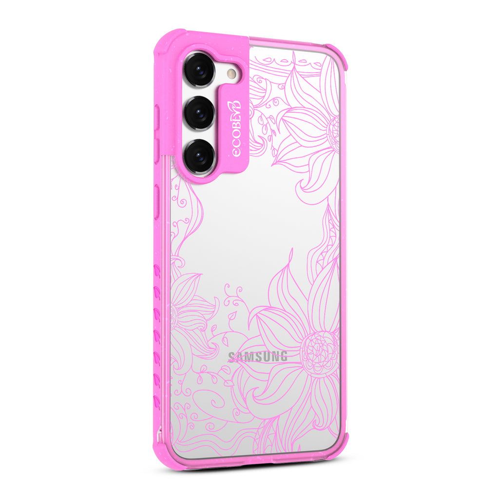 Flower Stencil - Left-side View Of Pink & Clear Eco-Friendly Galaxy S23 Case