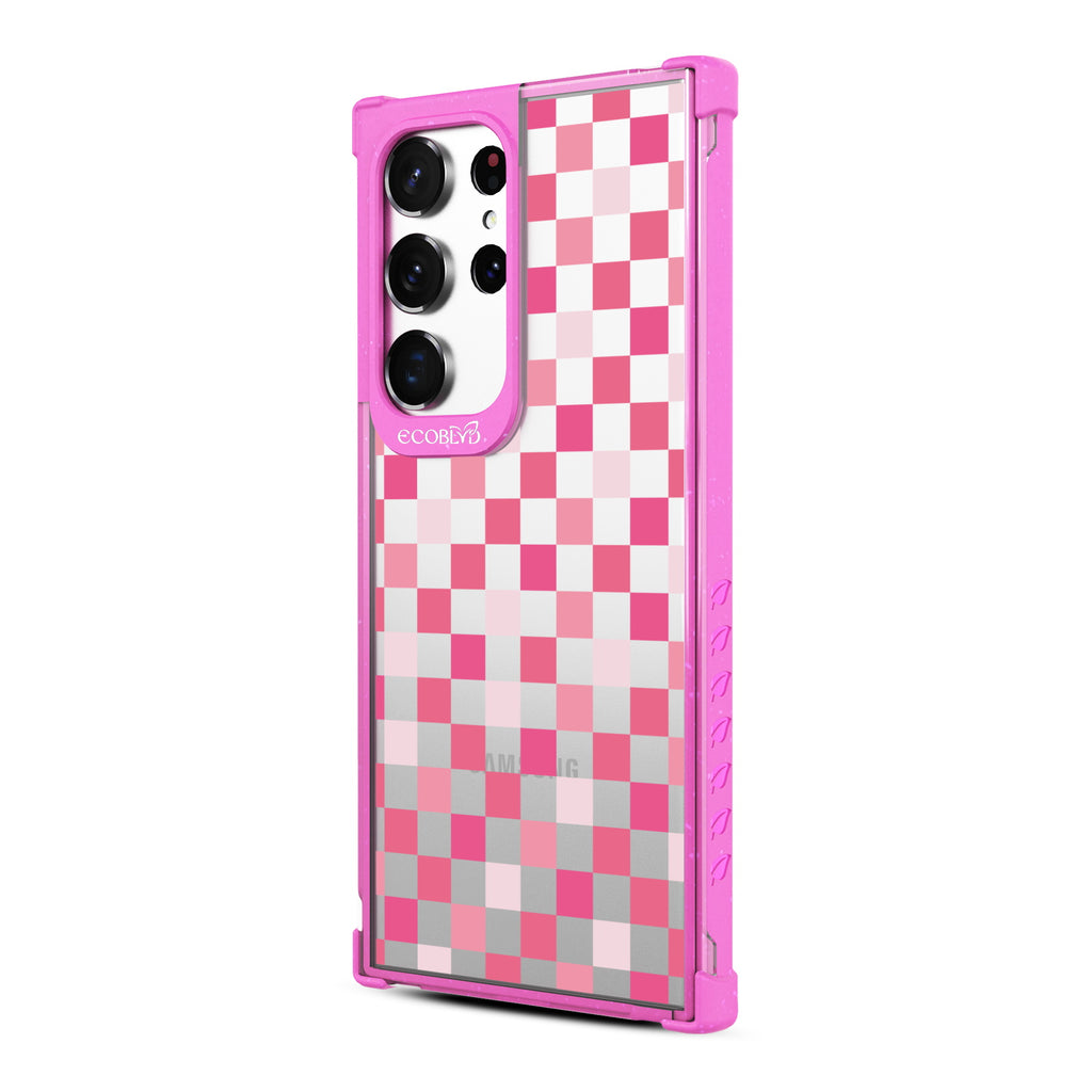 Checkered Print - Right-side View Of Pink & Clear Eco-Friendly Galaxy S23 Ultra Case