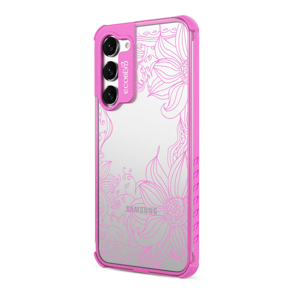 Flower Stencil - Right-side View Of Pink & Clear Eco-Friendly Galaxy S23 Case