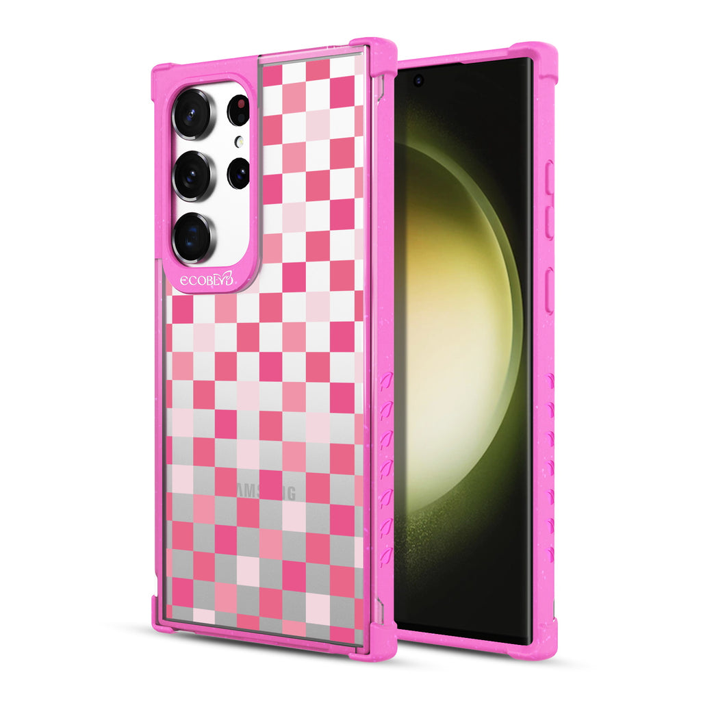 Checkered Print - Back View Of Pink & Clear Eco-Friendly Galaxy S23 Ultra Case & A Front View Of The Screen