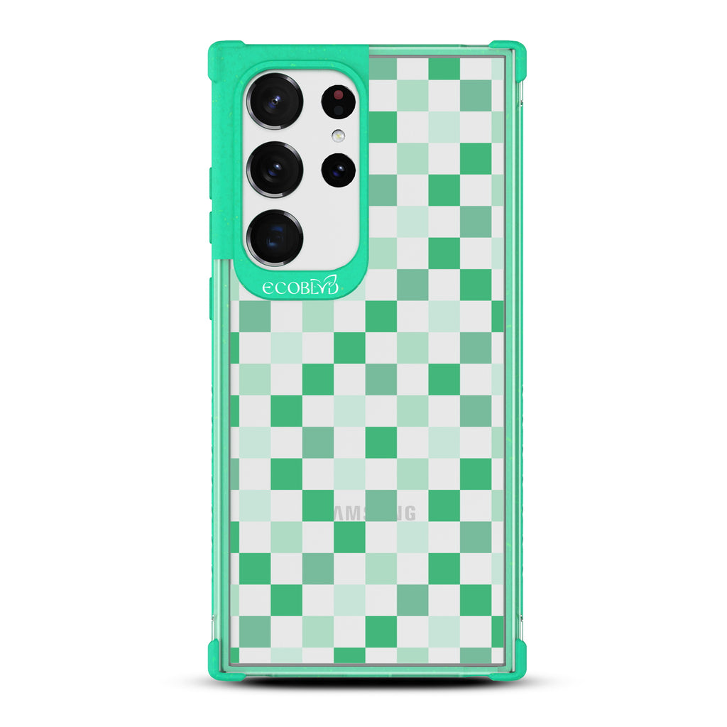 Checkered Print - Green Eco-Friendly Galaxy S23 Ultra Case with Green Checkered Print and On A Clear Back