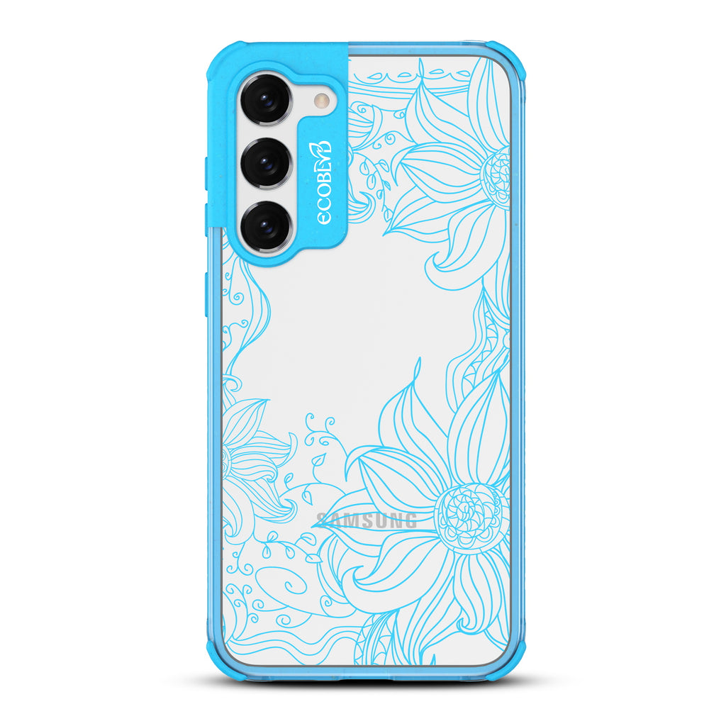 Flower Stencil - Blue Eco-Friendly Galaxy S23 Case With Sunflower Stencil Line Art On A Clear Back