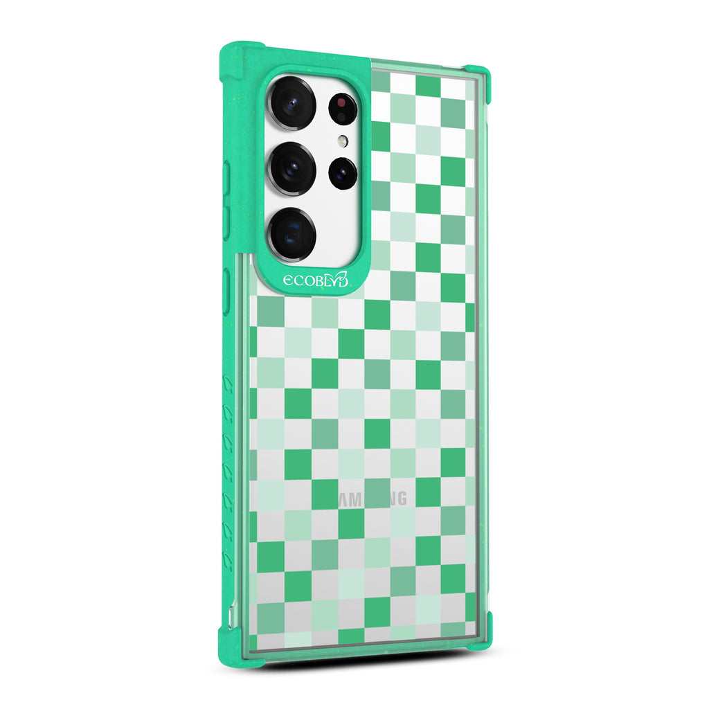 Checkered Print - Left-side View Of Green & Clear Eco-Friendly Galaxy S23 Ultra Case