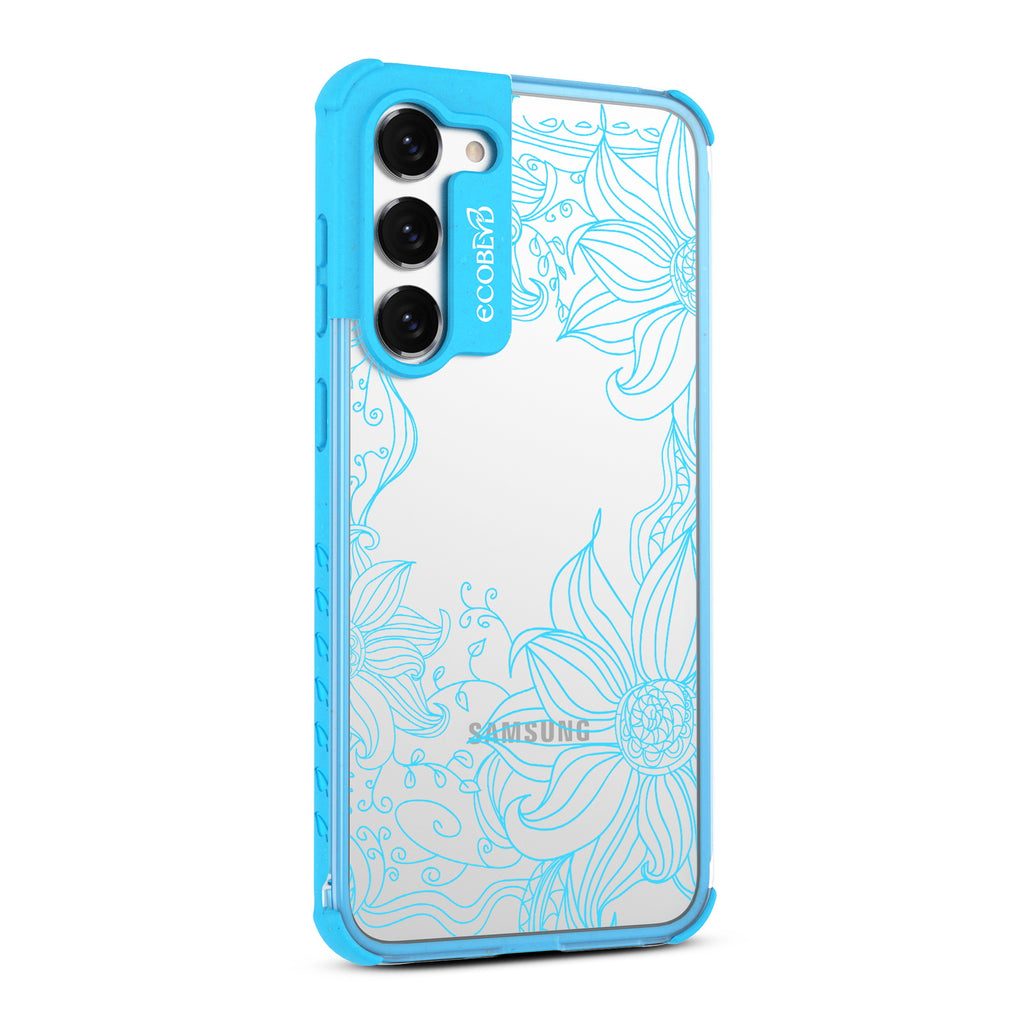 Flower Stencil - Left-side View Of Blue & Clear Eco-Friendly Galaxy S23 Case