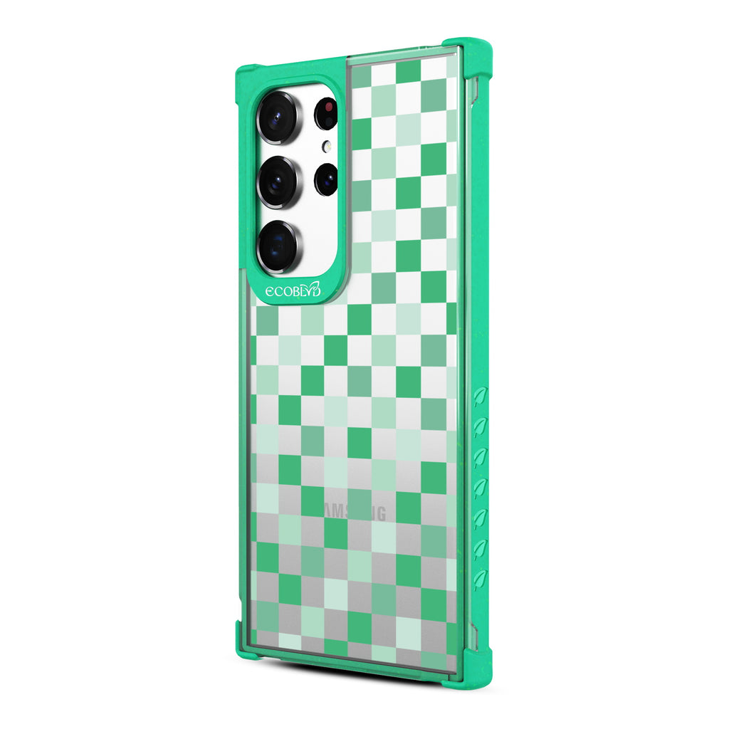 Checkered Print - Right-side View Of Green & Clear Eco-Friendly Galaxy S23 Ultra Case
