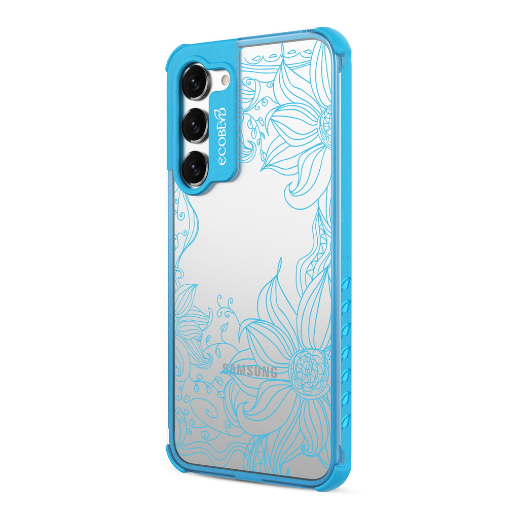 Flower Stencil - Right-side View Of Blue & Clear Eco-Friendly Galaxy S23 Case
