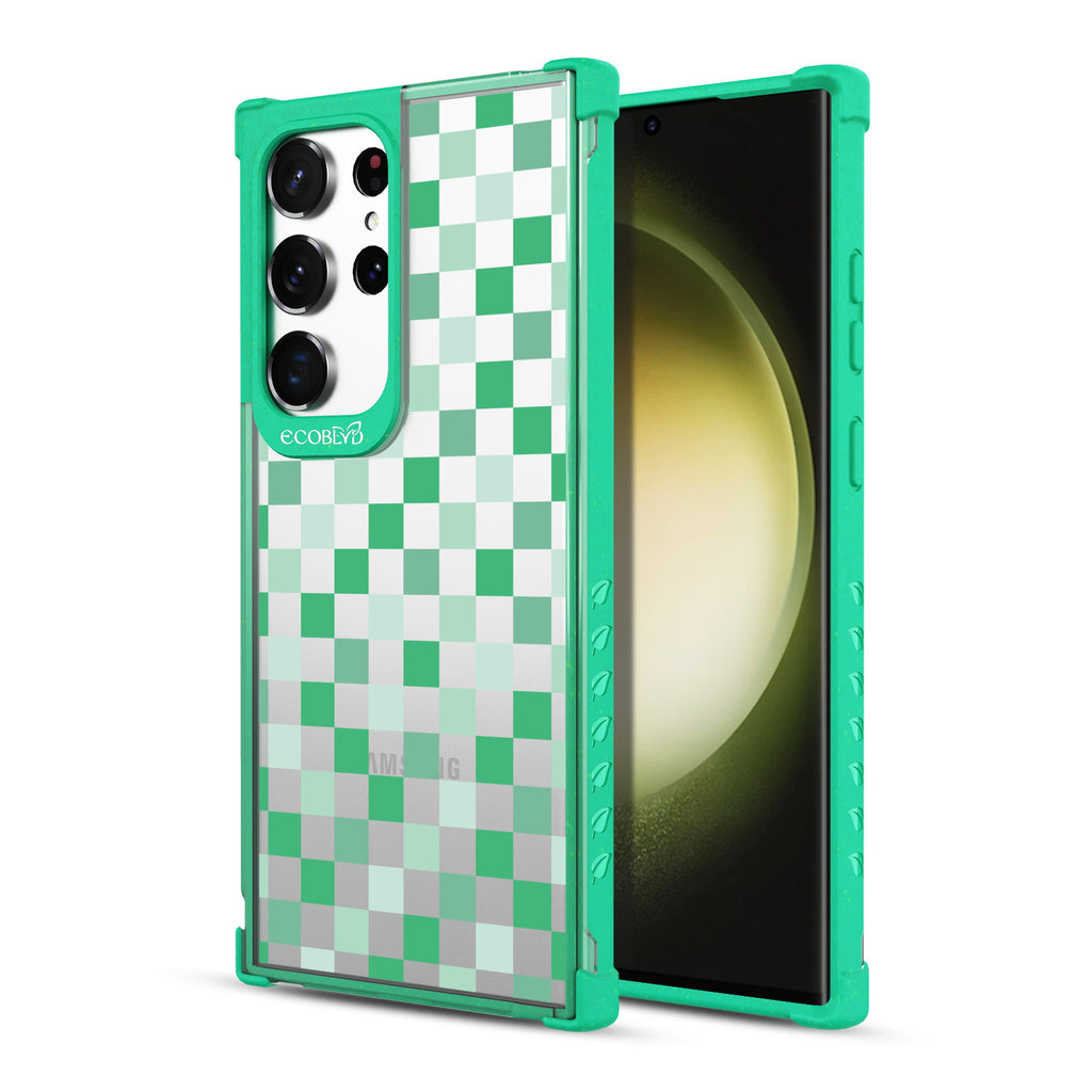 Checkered Print - Back View Of Green & Clear Eco-Friendly Galaxy S23 Ultra Case & A Front View Of The Screen