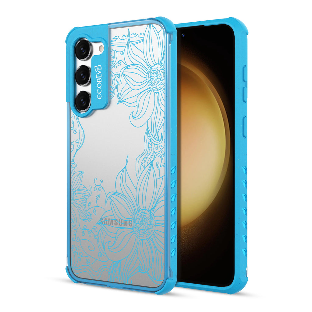 Flower Stencil - Back View Of Blue & Clear Eco-Friendly Galaxy S23 Case & A Front View Of The Screen