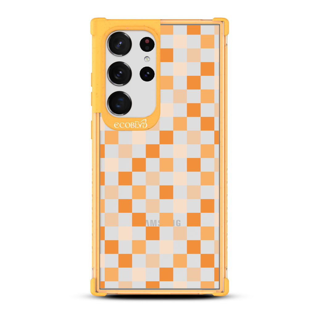 Checkered Print - Yellow Eco-Friendly Galaxy S23 Ultra Case with Yellow Checkered Print and On A Clear Back