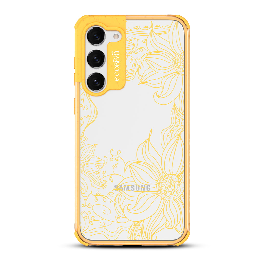 Flower Stencil - Yellow Eco-Friendly Galaxy S23 Case With Sunflower Stencil Line Art On A Clear Back