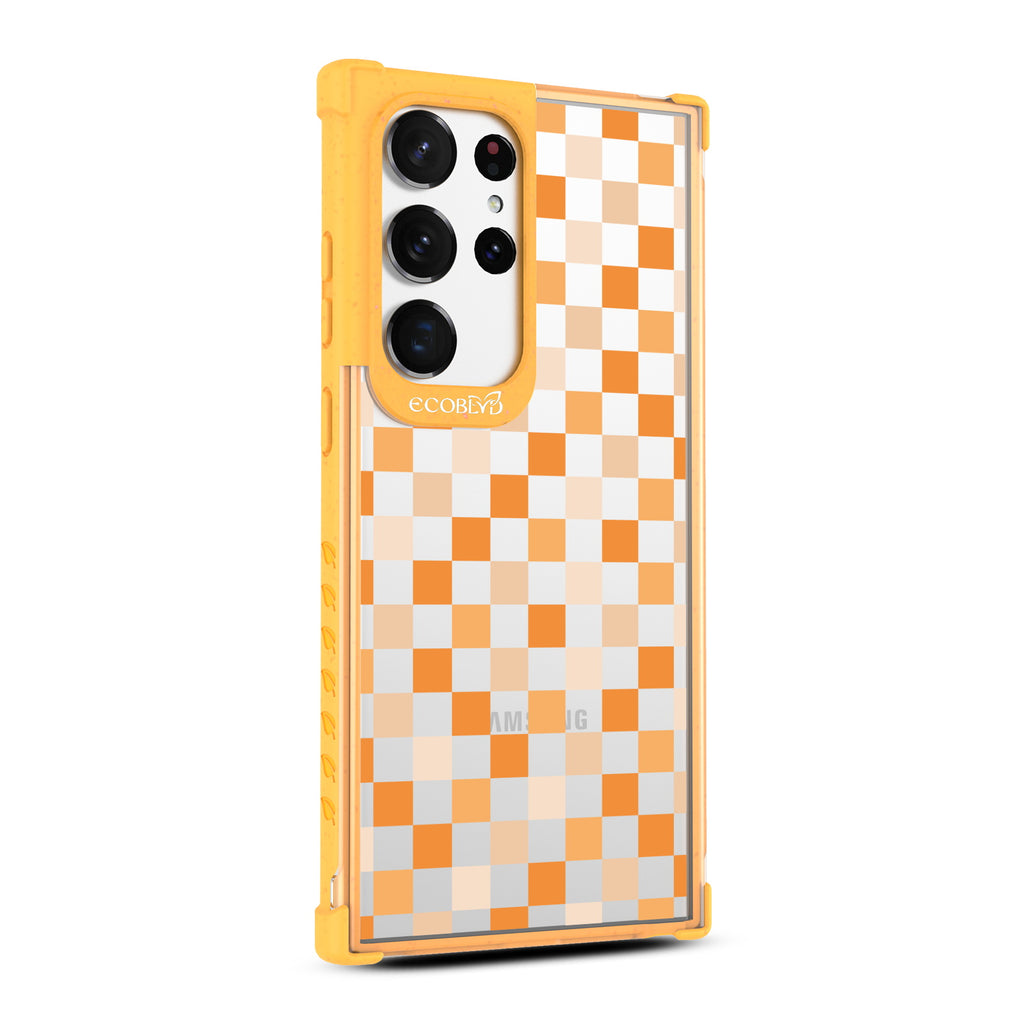 Checkered Print - Left-side View Of Yellow & Clear Eco-Friendly Galaxy S23 Ultra Case
