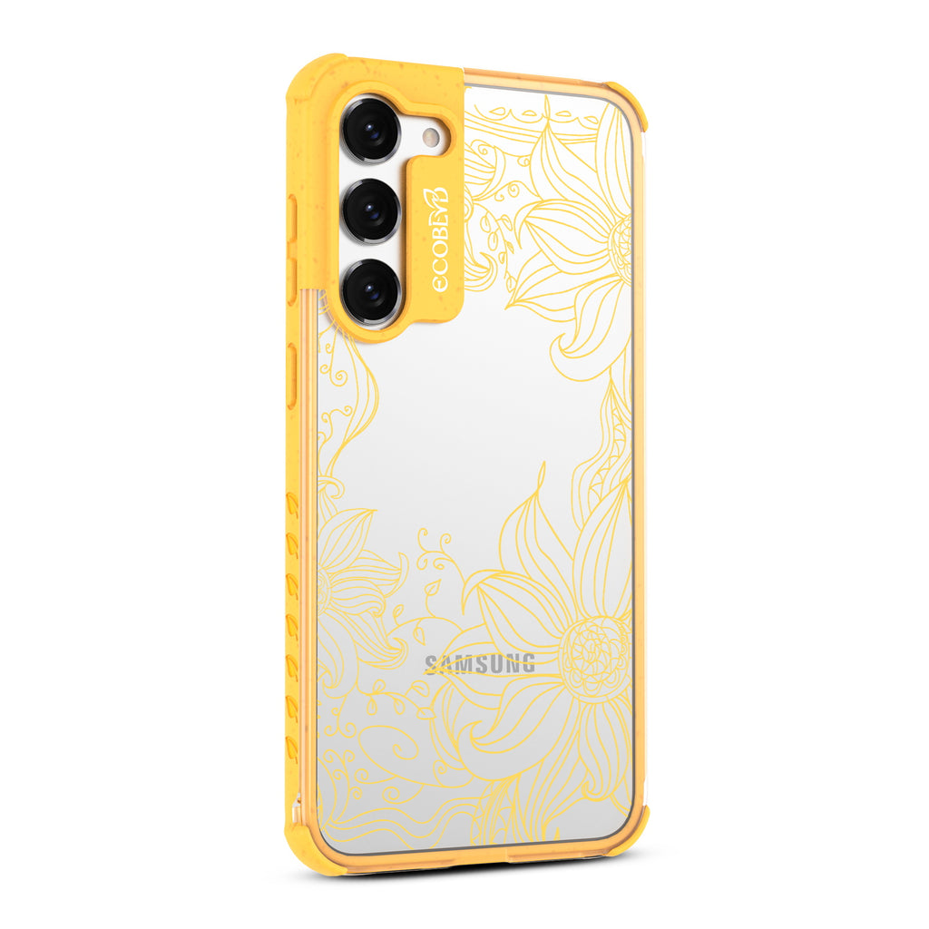 Flower Stencil - Left-side View Of Yellow & Clear Eco-Friendly Galaxy S23 Case